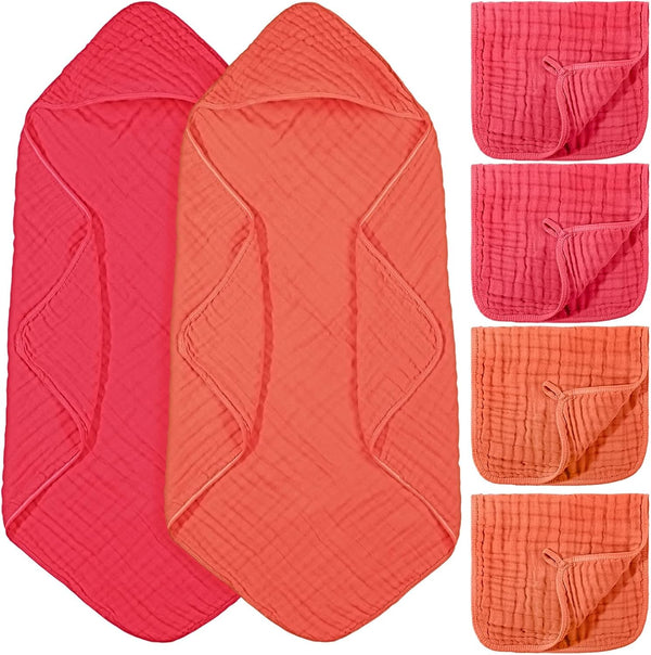 VitalCozy 6 Pcs Baby Muslin Hooded Bath Towels and Washcloths Muslin Cotton