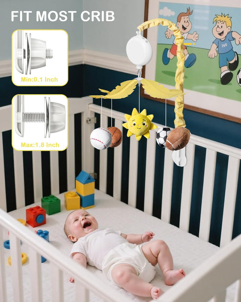 35 3 FEISIKE Baby Crib Mobile with Lullabies, Modes Rotation & Music, Soother Toy Adjustable Volume, Sport-Themed