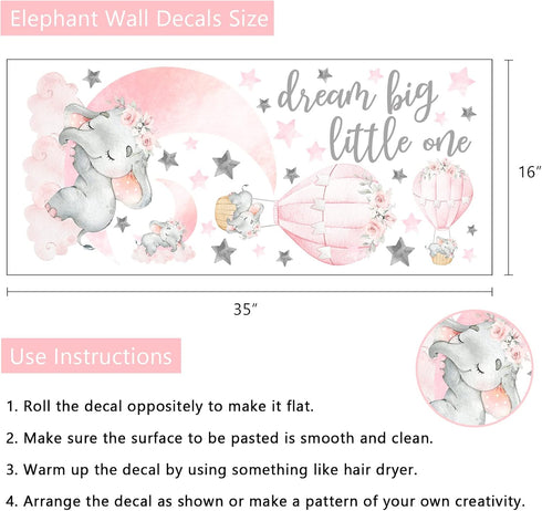 Yovkky Girls Sleeping Elephant Dream Big Nursery Wall Decals, Watercolor Pink Moon Hot Air Balloon Grey Star Decor