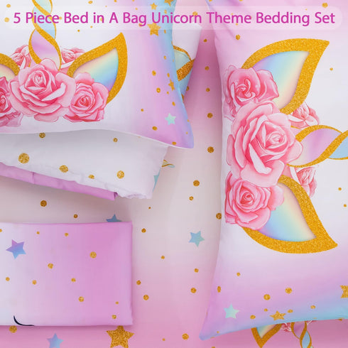 Girls,5 3D Set 2 Pillowcases,1 Sheet,1 42" 57") JQinHome Toddler Comforter for Piece Bed in A Bag Unicorn Theme Bedding
