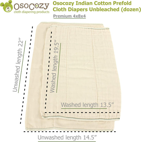 OsoCozy 100% Unbleached Prefold Cloth Diapers Cotton, Durable, Soft, Absorbent, Sustainable & Economical - dims, Fits