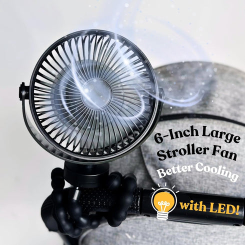 Portable 6-inch Stroller Fan, Rechargeable Clip-on for Baby Strollers, Car Seats, 4800 mAh Battery, Black