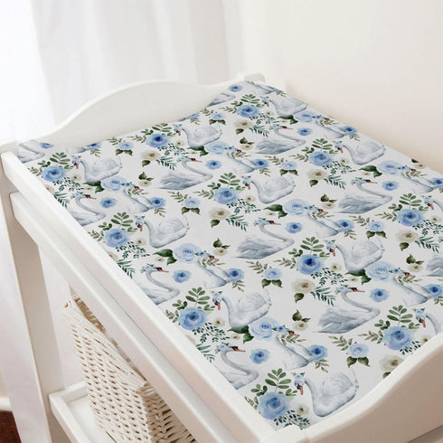 Watercolor Swan Boho Floral Changing Pad Covers, Retro Flowers, Soft Breathable Stretch Baby Mats 32''x16'' White