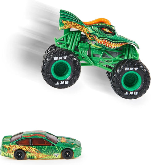 Monster Jam Dragon Monster Truck and Race Car, 1:64 Scale Collectible Toy for Kids