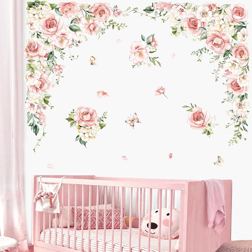 decalmile Large Pink Flower Wall Decals Pink Blossom Floral Vine Butterfly Wall Stickers Baby Nursery Girls Bedroom