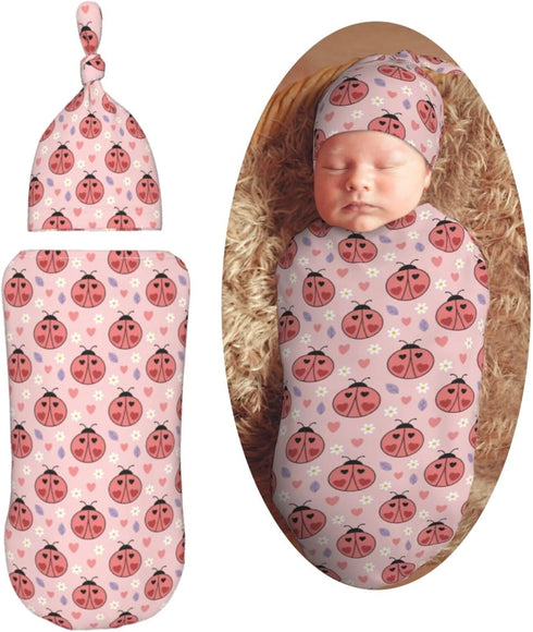 Ladybugs Hearts Flowers Newborn Swaddle Blankets Hat Sets Soft Baby Receiving Blanket