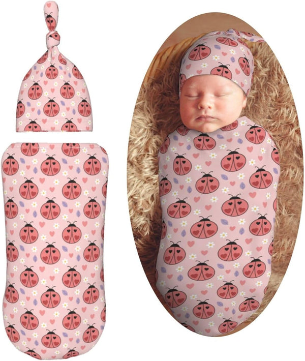 Ladybugs Hearts Flowers Newborn Swaddle Blankets Hat Sets Soft Baby Receiving Blanket
