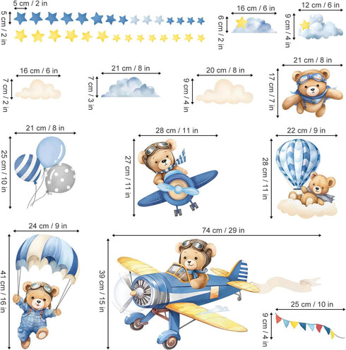 decalmile Airplane with Animals Wall Stickers Hot Air Balloon Bear Clouds Wall Decals Baby Nursery Kids Bedroom Living