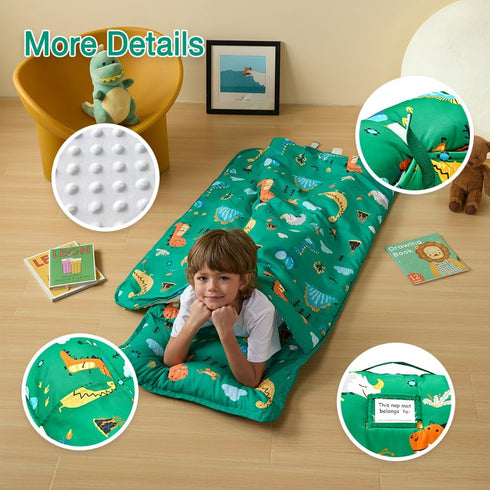 beeweed Toddler Nap Mat, Rollup Kid Sleeping Mat with Removable Pillow & Minky Blanket for Daycare Travel