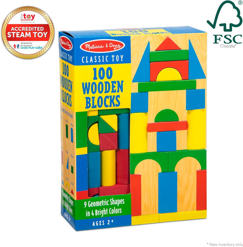 Melissa & Doug Wooden Building Blocks Set - 100 Blocks in 4 Colors and 9 Shapes, FSC Certified for Kids