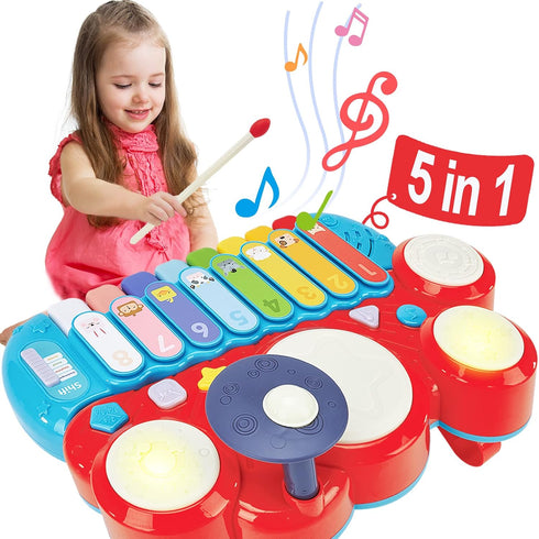 Baby Musical Toys, 3 in 1 Piano Keyboard Xylophone Drum Set for 1 Year Old Girls, Learning Toys for Toddlers 1-3