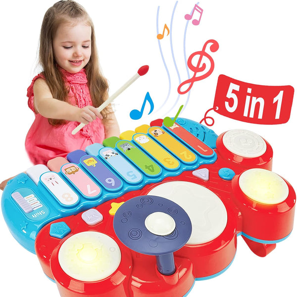 Baby Musical Toys, 3 in 1 Piano Keyboard Xylophone Drum Set for 1 Year Old Girls, Learning Toys for Toddlers 1-3