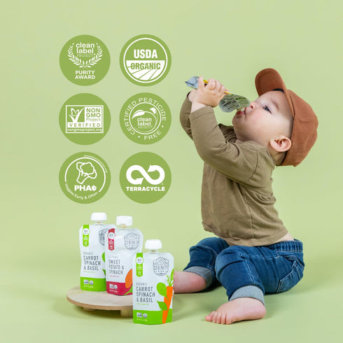 Serenity Kids 6+ Months USDA Organic Veggie Puree Baby Food Pouches | Sweet Potato & Spinach | 3.5 Ounce BPA-Free Pouch