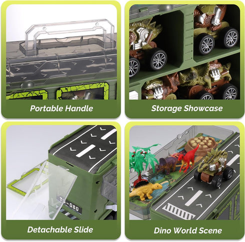 21 in 1 Dinosaur Truck Toys for 3-7 Year Olds, T-Rex Transport Car Carrier with 5 Pull Back Cars and 9 Dino Figures