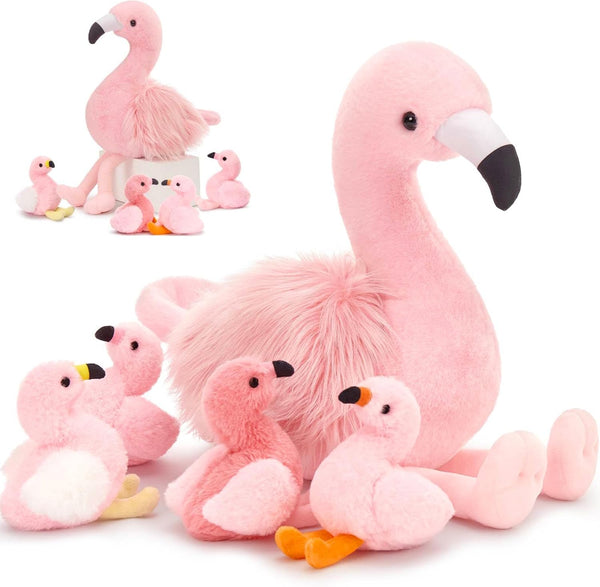 MorisMos Plush Flamingo Stuffed Animals-18in Mommy Stuffed Flamingo with 4 Baby Bird