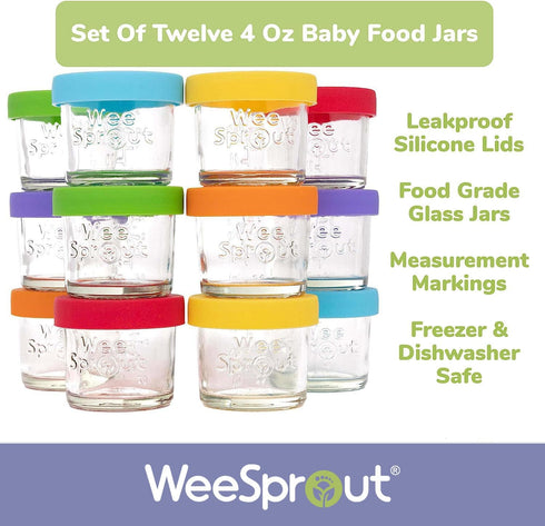 WeeSprout Glass Baby Food Storage Jars w/Lids, 12 Pack Set, 4 oz, Reusable Small Containers for Snack, Puree, Breast
