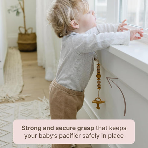100% Silicone Pacifier Clip Metal-Free, Rust-Free, Food-Grade Silicone and Natural Beech Wood, Secure Pacifier Holder