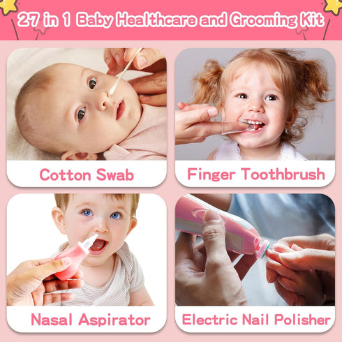 Trimmer, (27 Set Infant Grooming Essentials: Electric Safety Nail Nasal Aspirator, Hair Brush, Comb, Nail Clipper Piece