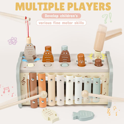 Joyreal Wooden Montessori Toys for 1+ Year Old - Whack A Mole Hammering Toy with Xylophone & Fishing Game