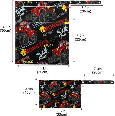 visesunny 2Pcs Cool Monster Truck Wet Bag with Zippered Pockets Washable Reusable Roomy Diaper Bag