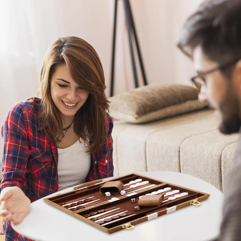 Backgammon Set - Classic Board Game with Premium Leather Case, Portable Travel Strategy Game Set (11inch, Khaki)