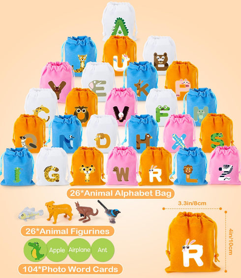 Set 104 26 Alphabet Learning Toys for Toddlers, Word Work Small Group with Phonics Flash Cards and Animal Figurines