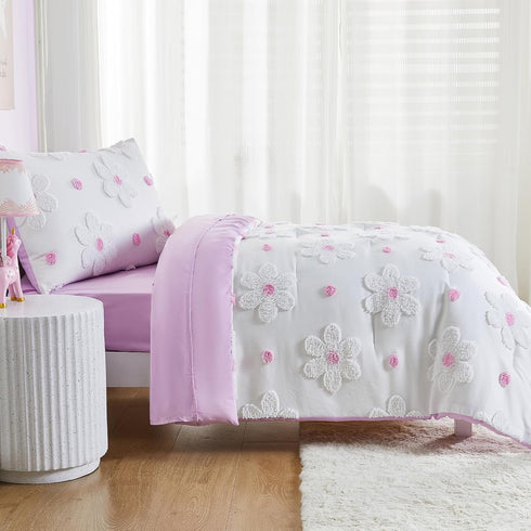 Set 4-Piece Set Set Set, Set, Toddler Bedding for Girls Purple Boho Tufted Daisy Flowers Toddler Bed Comforter