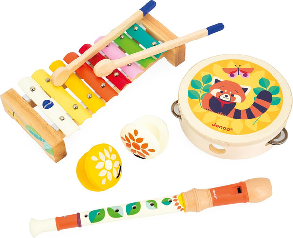 Janod Gioia Music Set with Tambourine, Recorder, Maracas, and Xylophone, 15" Long, Ages 18 Months - 5 Years