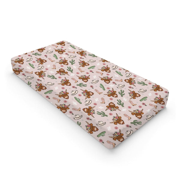 Western Cowgirl Cow Cactus Changing Pad Cover, Cowgirl Hats Boots Floral Diaper Changing Table Sheets for Baby