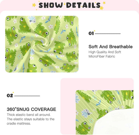 CHUROUSY 27x39 Inch Frogs and Dragonfly Crib Sheets Cute Cartoon Frog Mosquitoes Flower Playard Sheets Fitted Toddler