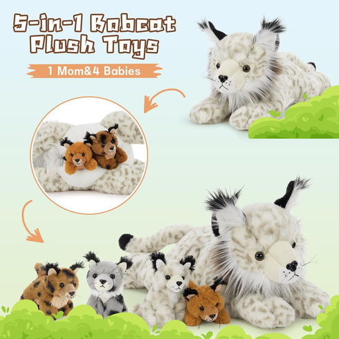 5 Babies,18-inch Muiteiur Piece Lynx Stuffed Animals, Soft Bobcat Stuffed Animals with Cute Plush Toy for Kids Girls