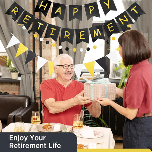 Happy Retirement Banner, GAGAKU Black and Gold Party Decorations Kit, Gold Glitter Paper Pennant for Farewell