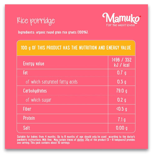MAMUKO 4+ 12 Organic Porridge - Rice Porridge with No Added Sugar, Milk & Preservatives - High Fiber Porridge Developed