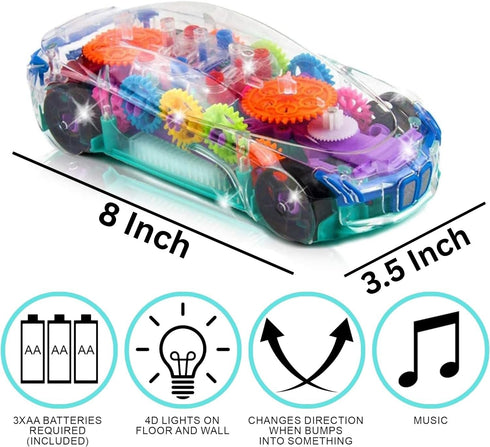 ArtCreativity Light Up Transparent Sensory Car Toy for Kids, 1PC Bump and Go with Colorful Gears and Music