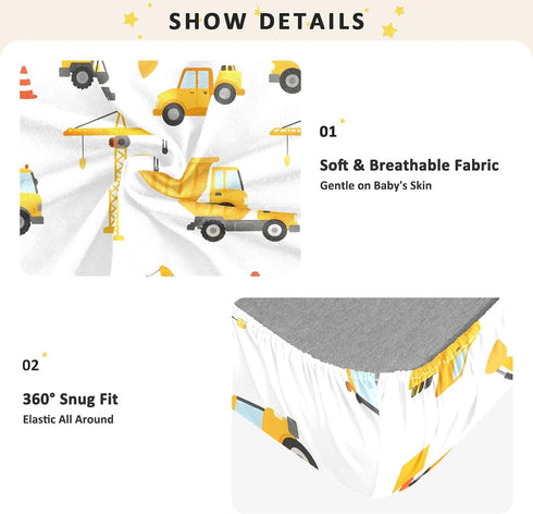 CZXW 52" 28" Cute Construction Vehicles Crib Sheets Fitted x Natural Cotton Soft & Breathable for Baby Crib Mattress