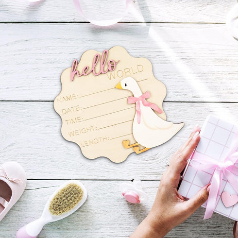 FYSUIMU Silly Goose Birth Announcement Sign Pink Bow Goose Newborn Milestone Wooden Board Hello World Newborn Sign