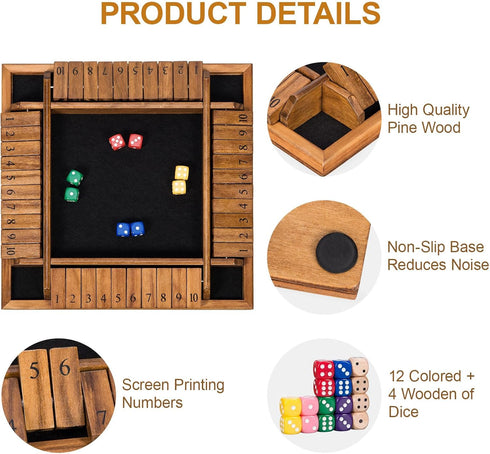 1-4 16 Pub12 inches BIVOMON Shut The Box Dice Game Players Wooden Board Table Math Game for Kids Adults, Classic Dice