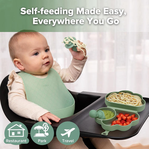 Set 6M+ haakaa Cloud Crew Silicone Travel Baby Feeding with Foldable Suction Baby Plate, Silicone Bib, Baby Spoon