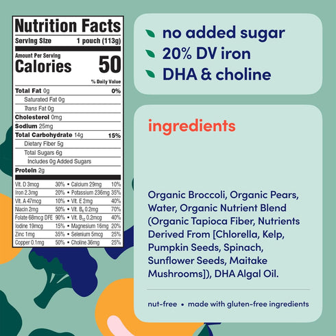 16 4oz, 1 Count Cerebelly Organic Baby Food Pouches, Broccoli Pear Purees, Nutrients, No Added Sugar, Fiber & Non-GMO