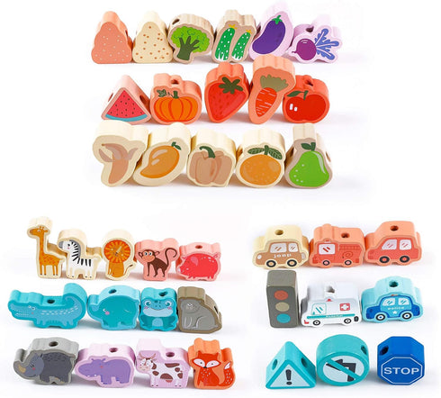 Montessori Educational Threading Toys, Wooden Stringing Traffic Animals Fruits Lacing Beads for Toddlers