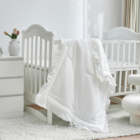 3 Set Pieces Crib Bedding Baby Ruffle Quilted Comforter with Fitted Sheet and Pillowcase - Cute Ruffled Shabby Chic