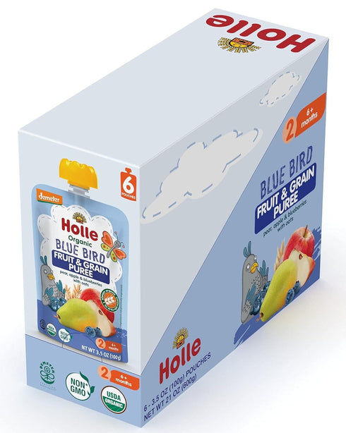 (6 Pack) 6 Holle Organic Baby Food Pouches - Blue Bird Baby Puree with Pear, Apple, Blueberry & Oat - Organic Baby