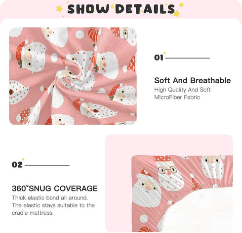 Mazeann 52" 28" 9" Santa Pink Christmas Crib Sheets Soft Breathable Fitted Baby Crib Sheets Mattress Cover for Girl