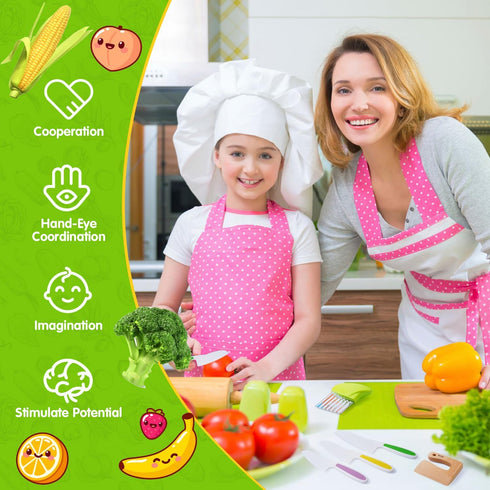 Kids Knife Set for Real Cooking - 4 Plastic Safe Knives, Crinkle Cutter, Y Peeler, Cutting Boards, Kitchen Gloves,