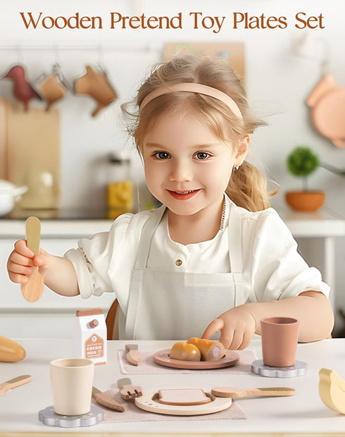Set, 29PCS ROBOTIME Play Kitchen Dishes Wooden Toddler Plates and Dishes for Boys Girls Gifts