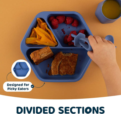 Tiny Twinkle Silicone Suction Baby Plate, Divided Dish for First Foods and Self-Feeding Toddlers (Indigo Plate)