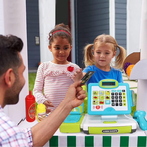 3 4 5 6 7 8 FS Pretend Play Cash Register Toys with Scanner, Calculator, Large Drawer, Microphone, Play Food