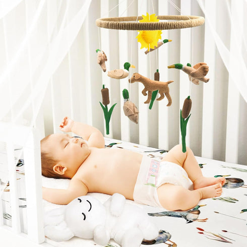 Baby Mobile for Crib Mallard Duck Baby Crib Mobile for Boys Girls Handmade Felt Dog Nursery Decor Duck Hunting Decor