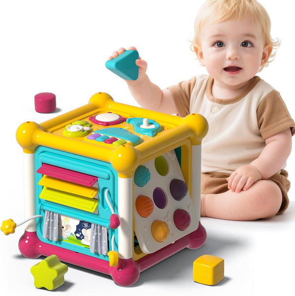 Baby Activity Cube, 6-in-1 Educational Early Development Toy with 4 Sensory Shape
