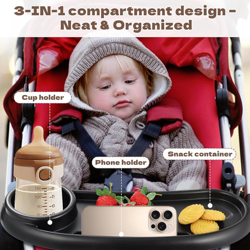 CebraBounze Snack Tray Compatible with Nuna, Universal Stroller Snack Tray with Cup Holder and Phone Holder, Essential